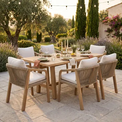 Produktbild von Gartenmöbel Set SANYA aus massivem Akazienholz, Natur - Gartentisch 170 x 90 cm mit 6 Stühlen, Armlehnstühle mit Ropegeflecht inkl. Kissen, Outdoor Essgruppe für Garten, Terrasse und Balkon