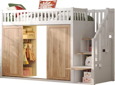 Obrázek produktu pro Dětská postel (90 x 200 cm), podkrovní postel, multifunkční dětská postel se skříní a schodišťovou skříňkou, barevný světelný pás, bez matrace