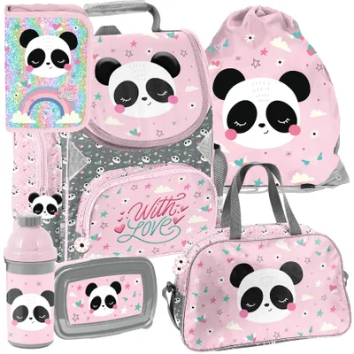 Produktbild von Schulranzen 6-tlg. Set für Mädchen & Jungen PANDA – Paso Ranzen, Mäppchen, Tasche, Flasche, Frühstückstasche