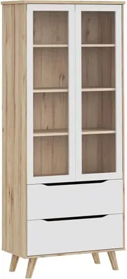 Image de Vitrine VANKKA, 2 Portes Vitrées, Chene et Blanc Mat, 84,7 x 41,7 x 201,5 cm
