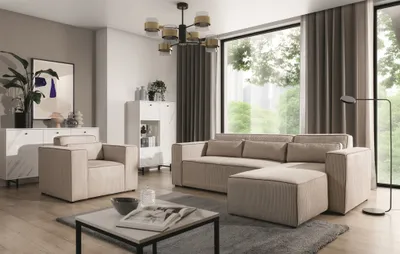 Produktbild von Ecksofa Schlafsofa inkl. Sessel WALDO Stoff Poso Beige Ottomane Rechts