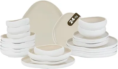 Imagen del producto de Juego de vajilla, juego de platos para 6 personas, servicio de mesa de 24 piezas, porcelana color beige claro