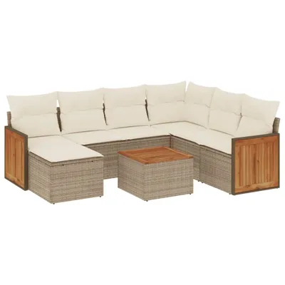 Produktbild von Modulares Garten-Sofagarnitur Set, 8-teilig, beige, aus wetterfestem Poly Rattan, mit Stauraum, Akazienholz-Tisch, UV-beständig, Kissen cremeweiß