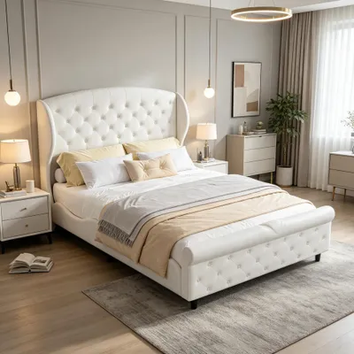 Immagine prodotto di Letto imbottito INONEFT, 140 x 200 cm, letto matrimoniale, letto per ragazzi con testiera e rete a doghe, struttura letto per adulti e adolescenti, velluto, color crema