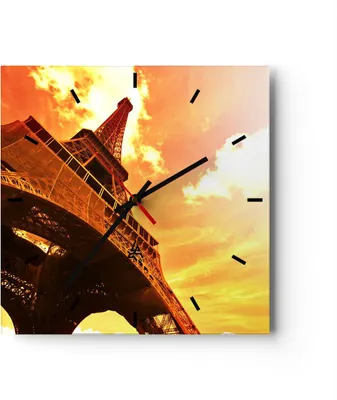 Produktbild von Wanduhr - Quadrat - Glasuhr - Eiffelturm Paris Stadt Bau - 30x30cm - Schleichendes Uhrwerk - Lautlos - zum Aufhängen bereit - Dekoration Modern - Wanddekoration aus Glas - C3AC30x30-0501