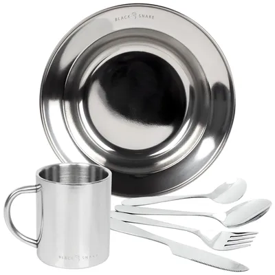 Produktbild von Black Snake® tiefer Camping Picknick Teller mit 'lunch' Besteck inklusive Tasse aus Edelstahl - 1 Person - Set