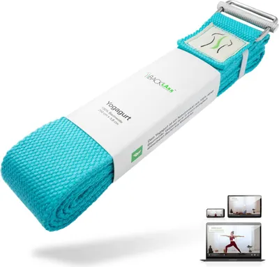 Produktbild von BACKLAxx® Yoga Gurt Baumwolle inkl. Anwendungsvideos - Nachhaltiges Yoga Band 250 cm lang mit praktischem Verschluss aus Metall - Ideal zum Yoga, Pilates und Dehnen