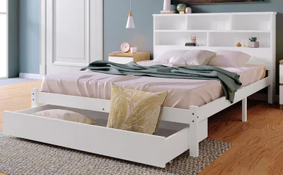 Produktbild von okwish Massivholz Doppelbett mit Schubladen und Lattenrost, Bücherregal Jugendliche und Erwachsene Kinderbett, 140x200cm Weiß