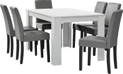 Produktbild von [en.casa] Esstisch weiß matt mit 6 Stühlen hellgrau Kunstleder gepolstert 140x90 Essgruppe Esszimmer