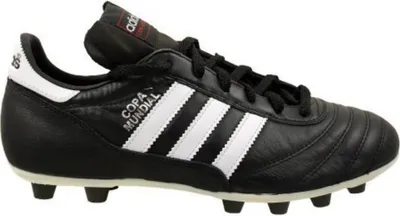 A black Adidas Copa Mundial soccer cleat with white stripes.