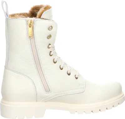 A side view of a white winter boot with fur lining.
