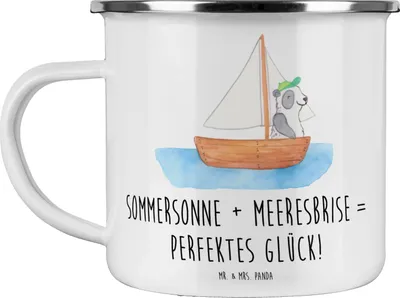 Produktbild von Mr. & Mrs. Panda Emaille Tasse Sommer Meer Glück - Weiß - Geschenk, Urlaub Am, Becher, Designs, Küste, Strandurlaub, Küstenurlaub, Frühling, Pott, Sommerferien, Herbst