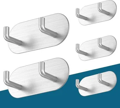 Produktbild von Handtuchstange ohne Bohren - Set aus 5 selbstklebenden Haken - Edelstahl - Modernes Design für Bad und Küche