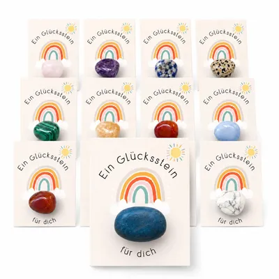 Produktbild von 12er Set Glückssteine mit Karte – Einzeln verpackte Natursteine als Glücksbringer, kleines Geschenk und Mitbringsel