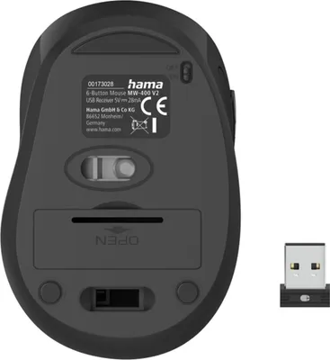 The underside of a black wireless computer mouse and its USB receiver are shown against a white background.