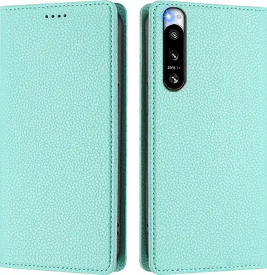 Produktbild von Litchi Leder Handyhülle für Sony Xperia 5 IV Wallet Kartenfächer Standfunktion Hülle Türkis