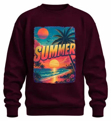 Immagine prodotto di Felpa con cappuccio, stile retrò, ispirata al tramonto estivo, con palme e motivi tropicali, in stile vaporwave, colore bordeaux, taglia S