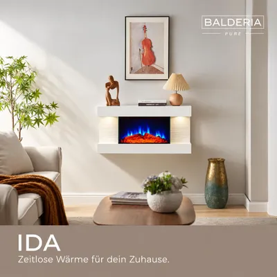 Immagine prodotto di Camino elettrico da parete BALDERIA Ida – Potenza termica fino a 1800 W, effetto fiamma 3D, bianco, Immagine generata dall'IA