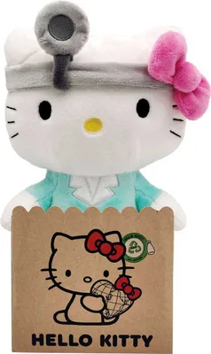 A Hello Kitty plush toy dressed as a doctor, holding a brown paper bag with Hello Kitty graphics.