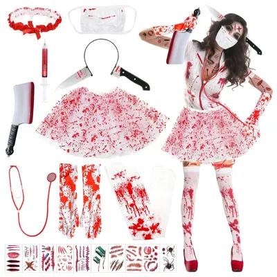 Image de Costume d'Halloween pour femmes, modèle infirmière zombie, comprenant 9 pièces