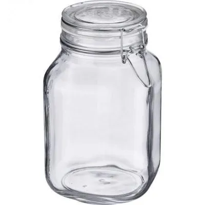 A clear glass jar with a metal clasp and a rubber ring.