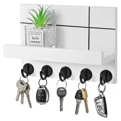Immagine prodotto di Portachiavi da parete - Portachiavi decorativo - Mensola con ganci - 5 ganci - Portaoggetti in legno - Design multifunzionale