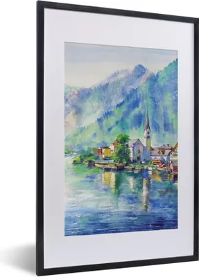 Produktbild von MuchoWow® Gerahmtes Poster Gemälde - Ölfarbe - Haus - Berge - Wasser 40x60 cm - Poster mit Schwarzem Bilderrahmen Wandposter Rahmen Foto Bilder - Poster in Rahmen