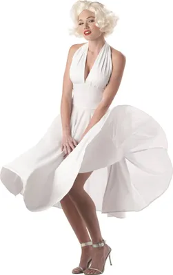 A woman dressed as Marilyn Monroe in her iconic white dress.