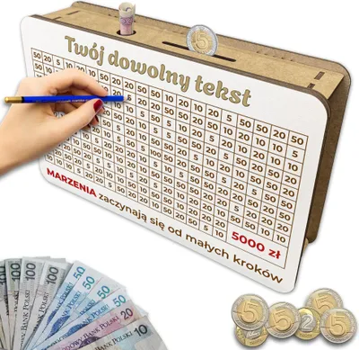 Zdjęcie produktu dla Skarbonka wykreślana wyzwanie oszczędzanie twój dowolny tekst Cel 5000 zł