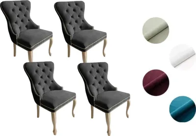 Immagine prodotto di Poltrona Chesterfield MADAME 2 (4 pezzi) – elegante poltrona imbottita in stile glamour, velluto grigio scuro, gambe in legno con finitura rustica chiara, seduta confortevole