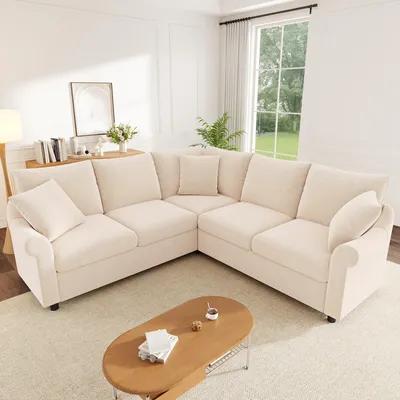 Immagine prodotto di Divano angolare a forma di L, divano letto con meccanismo per trasformazione in letto e contenitore per biancheria, divano a 5 posti, dimensioni 217 x 217 x 83 cm, colore beige, tessuto chenille