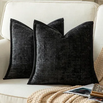 Produktbild von Set mit 2 Kissenbezügen, schwarz, 50x50 cm, Chenille mit Samtrückseite, für Sofa, Schlafzimmer, Wohnzimmer