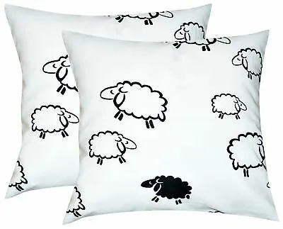Produktbild von Baumwoll Renforcé Kissenbezug - 2er Set in 40x40cm - Schafe Lämmer Tiere - Kopfkissen-Bezug, Kissenhülle, Doppelpack, Dekokissenbezug - 100% Baumwolle (Schafe Weiß/Schwarz (99/2)