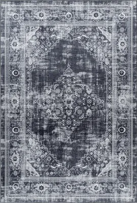Obrázok produktu pre Umývateľný koberec do obývačky, chodby alebo kuchyne, obdĺžnikový tvar, rozmer 140x200 cm, čierna farba, orientálny dizajn, vyrobený z polyesteru