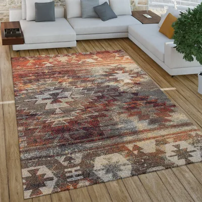 Image de Tapis de salon à poils courts, style bohème vintage, motifs géométriques, dimensions 60 x 100 cm