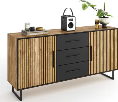 Produktbild von Kommode >Eddie< in Eiche / schwarz, Eiche teilmassiv - 163x84x40cm (BxHxT)