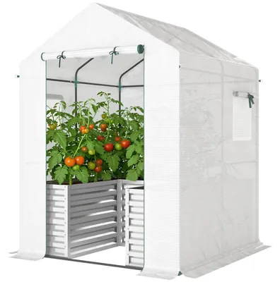 Produktbild von Outsunny Tomatengewächshaus Foliengewächshaus mit Hochbeet Rolltor Fenster
