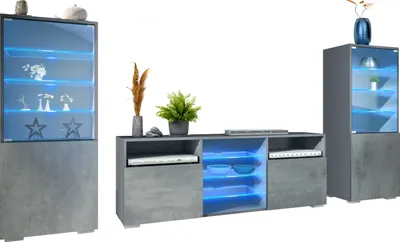 Produktbild von Vladon Wohnwand Granada, Anbauwand bestehend aus 2 Vitrinen und 1 TV-Board, Anthrazit matt/Beton Dunkel Optik inkl. LED-Beleuchtung (286 x 122,5 x 35 cm)