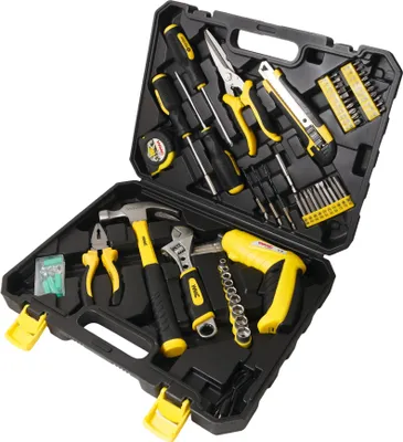 A black tool case filled with various tools, including screwdrivers, pliers, a hammer, and a drill.
