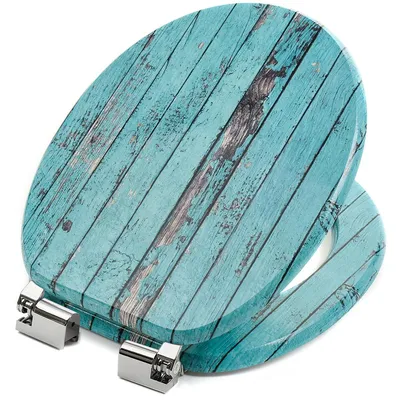 A toilet seat with a distressed blue wood-grain pattern, shown open and attached to its hinges.