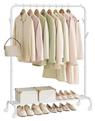 Produktbild von SONGMICS Kleiderständer auf Rollen, Kleiderstange, Garderobenstange, Garderobenständer aus Stahlrohren, bis 50 kg belastbar, 103,5 cm breit, multifunktionale Aufbewahrung, weiß HSR131W01
