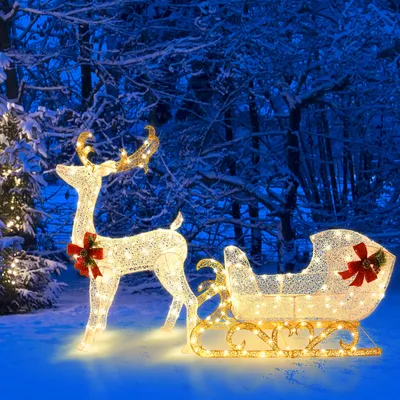 Produktbild von COSTWAY LED Rentier mit Schlitten, Weihnachtsdeko, beleuchtetes Rentier, Weihnachtsfigur mit 215 warmweißen Lichtern, für außen, innen