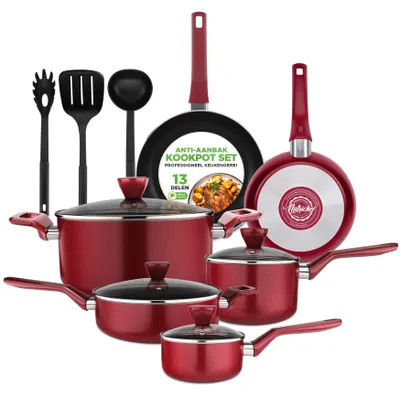 Immagine prodotto di Set di pentole - Set da cucina - Pentole - Padelle - Utensili da cucina - 13 pezzi - Rivestimento antiaderente rosso