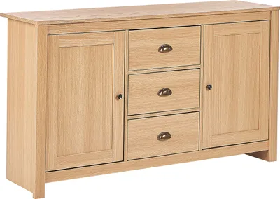 Produktbild von BELIANI Sideboard Heller Holzfarbton Faserplatte Halbhoch mit Schubladen Schränken Metallgriffen Klassich Retro Schlafzimmer Wohnzimmer Aufbewahrung