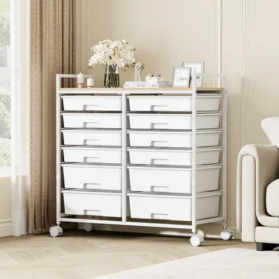 Image de Chariot de rangement sur roulettes, 12 tiroirs, en plastique, de couleur blanche