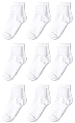 Obrázok produktu pre Amazon Essentials – pohodlné školské ponožky pre dievčatá zo zmesi bavlny s ohrnutým lemom, 9 párov, biele, veľkosť L (8–12 rokov)