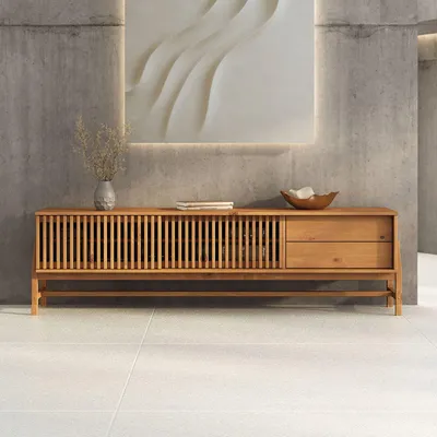 Produktbild von Lowboard ADAMO 180 cm aus Massivholz, Eiche Finish - TV Kommode mit Lamellenschiebetüren, TV Lowboard für Wohnzimmer, Sideboard mit 2 Schubladen, Wohnzimmer TV Schrank