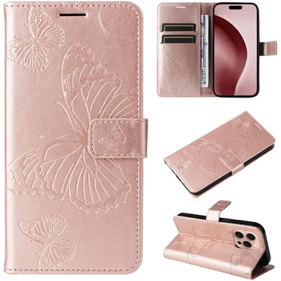 Produktbild von Mobigear Butterfly iPhone 16 Pro Hülle Klapphülle Geldbörse - Roségold