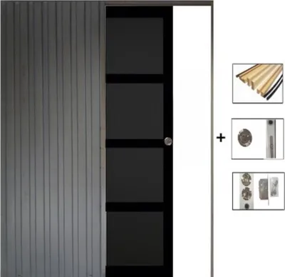 Image de Porte Coulissante Telia noir 4 panneaux H204 x L73 + Systeme a galandage et kit finition inclus (serrure)