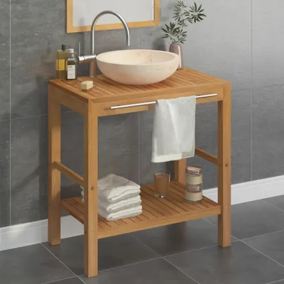 Image de Le meuble-lavabo "The Living Store" en bois massif teck, avec vasque en marbre crème